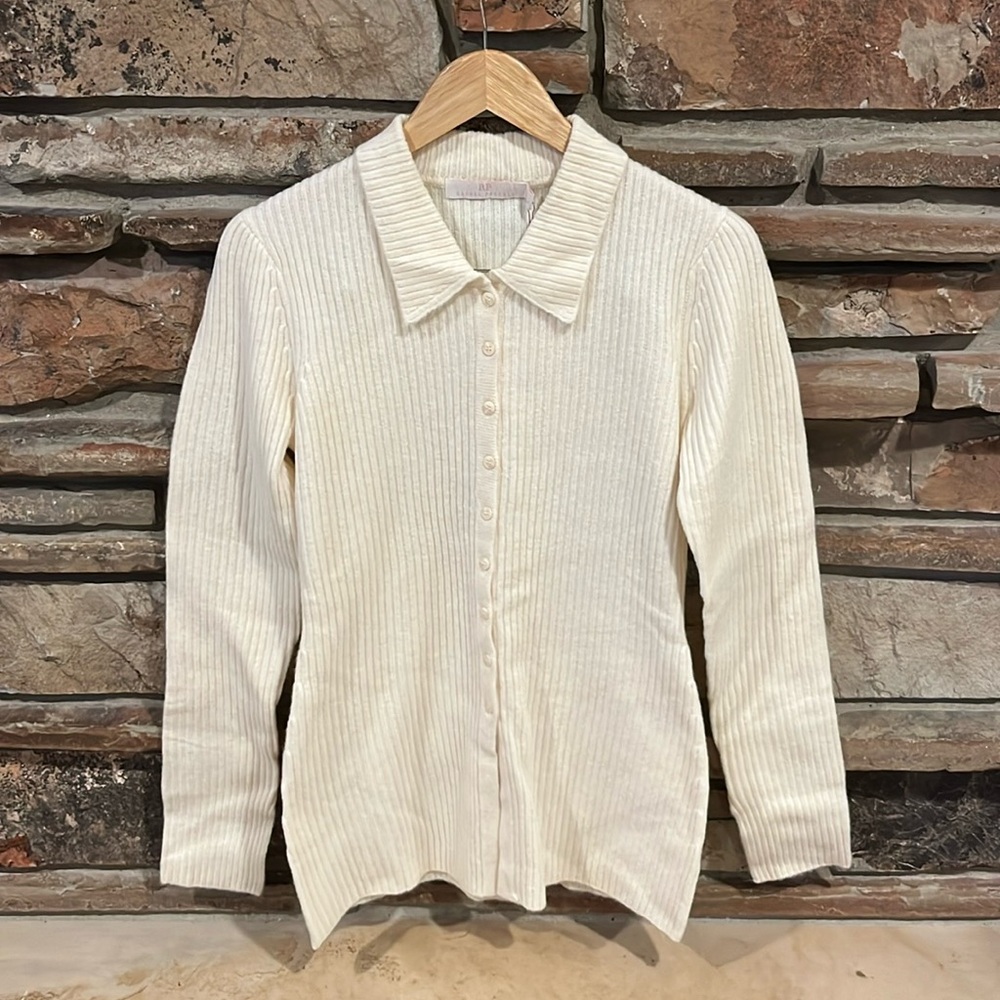 Rachel Parcell Ivory Ribbed Knit Button Down Sweater Wool Blend